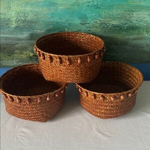 Set of Three Woven Brown Baskets with Bead Embellishments